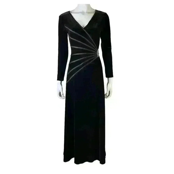 Tadashi Vintage Dark Brown Velour Evening Gown S Long Sleeve Rhinestone Dress - Picture 1 of 11